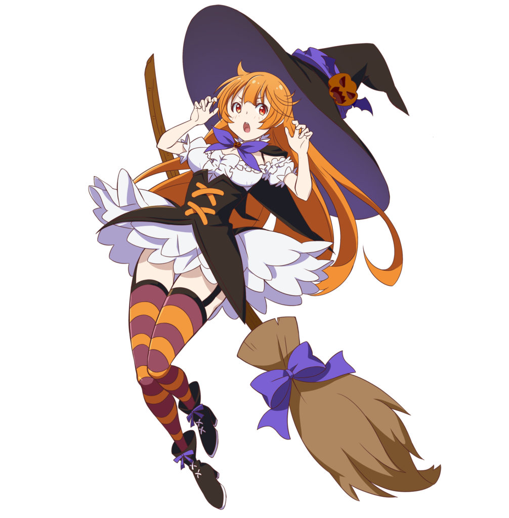 Haru-chan dressed as a witch holding a broom.