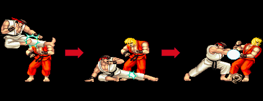 Image showing an example of a 3-hit combo with Street Fighter sprites.