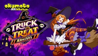 Truck or Treat October menu: Haru in a witch costume on a broom