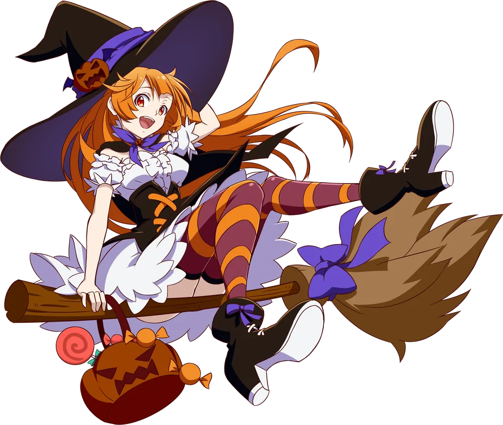 Haru in a witch costume riding a broom with a jack-o'-lantern