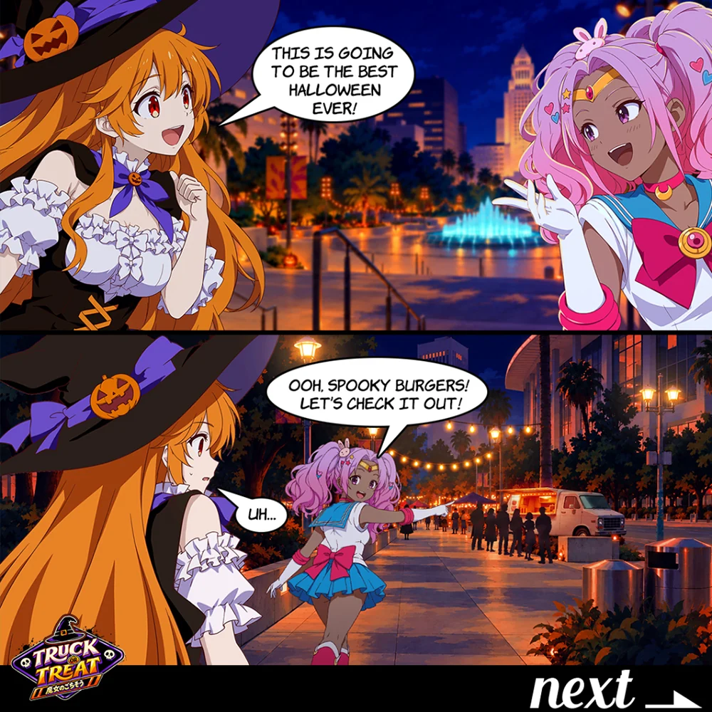 Part One, page 1: Haru and Iris arrive at the Halloween night fair and spot a spooky burger truck