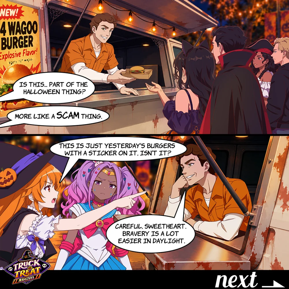 Part One, page 2: the truck guy sells a 4 Wagoo Burger and Haru calls it yesterday's burgers with a sticker